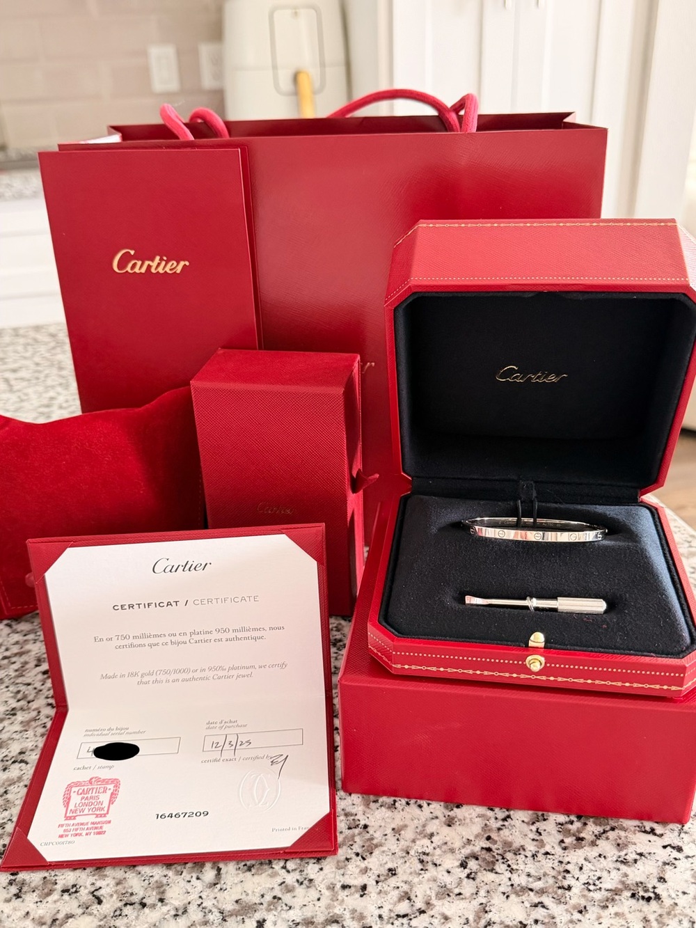 Dec 2025 Cartier Love Bracelet, Small Model Size 16, 18K White Gold w/ papers